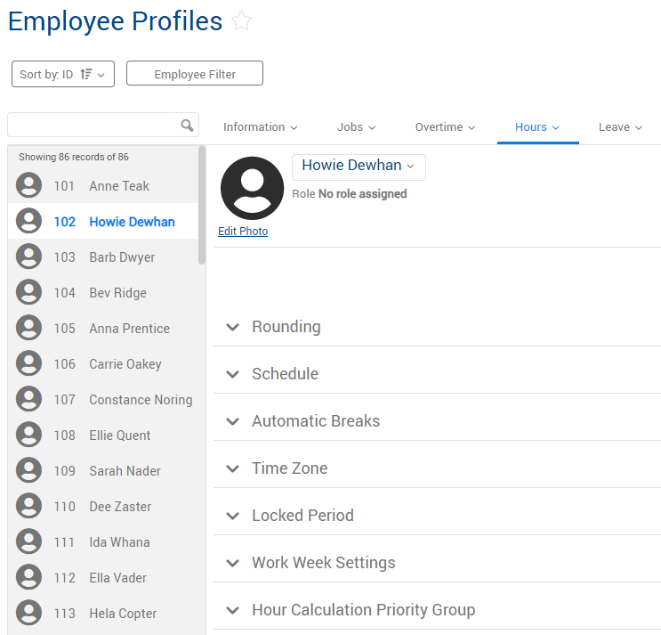 TimeClock Plus Employee Profiles Hours Tab