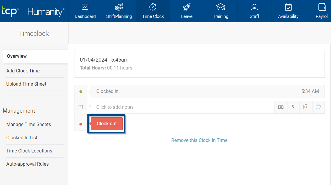 Humanity Timeclock Clock In and Clock Out